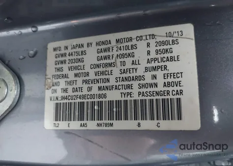 2014 Acura Tsx 2.4 z USA, uszkodzony, nr VIN JH4CU2F49EC001806